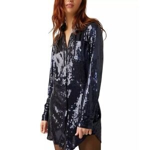 Free People Small Sequin Shirt‎ Dress Navy Blue Party Mini New With Tags